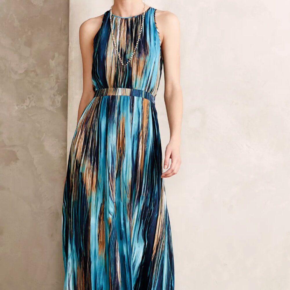 Anthropologie - Paper Crown "Rivier" Blue Multi-colored Maxi Dress, Size 10
